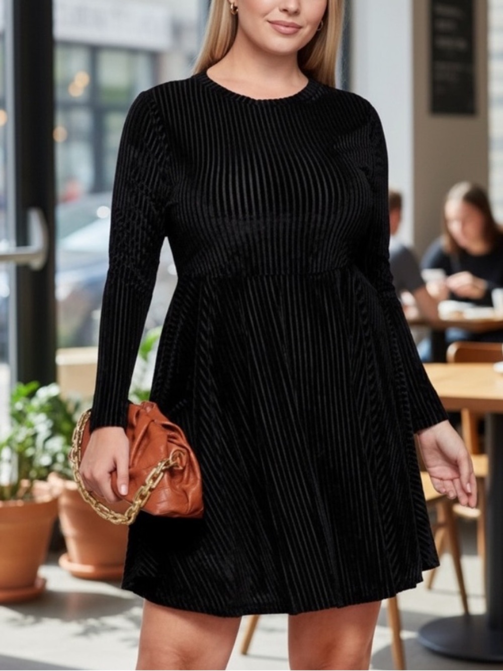 NEW• MINIMALIST CHIC BLACK RIBBED FIT & FLARE CLASSIC DRESS• L-XL